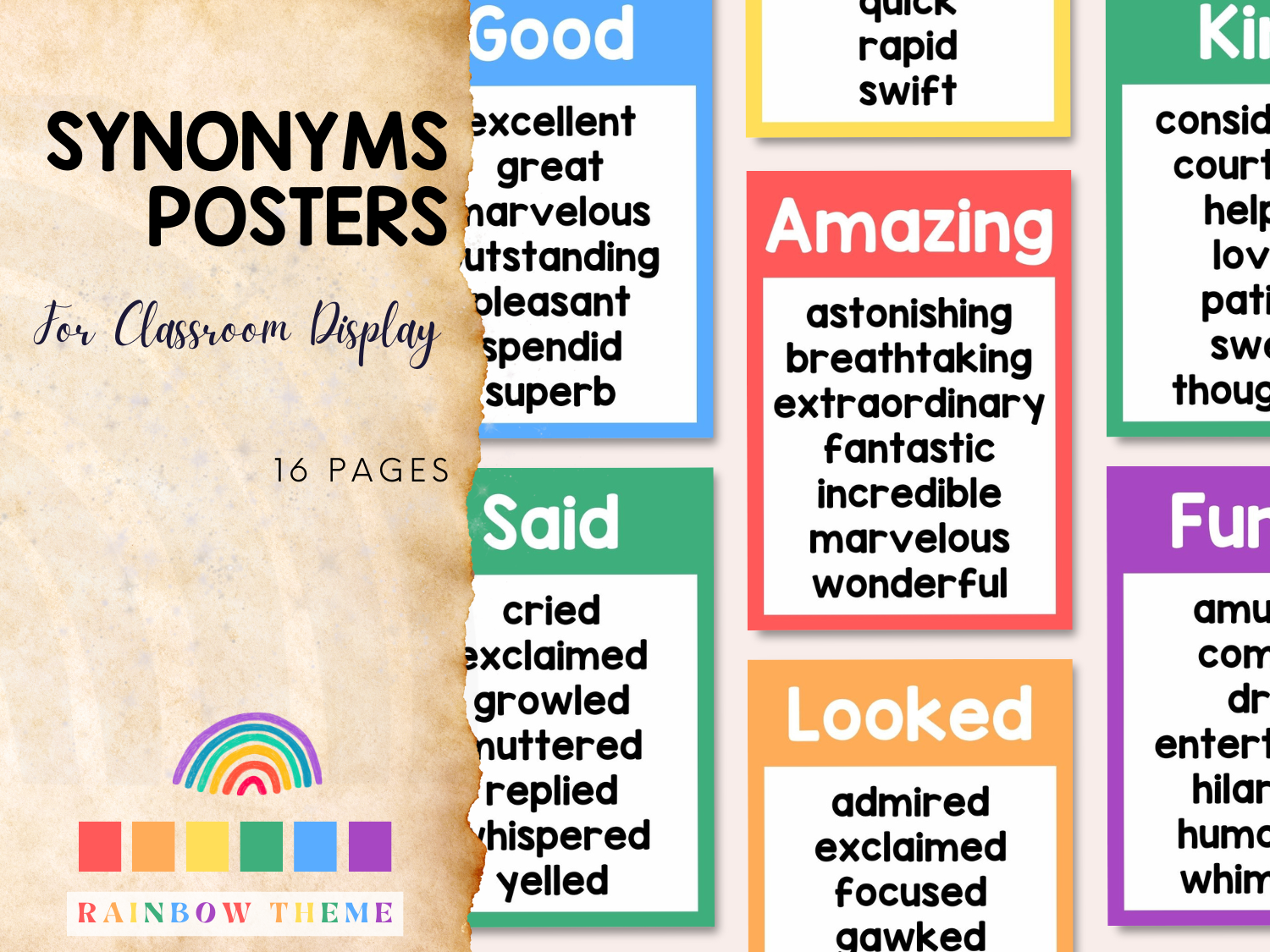 Vibrant Rainbow Synonym Posters for Classroom Display Literacy